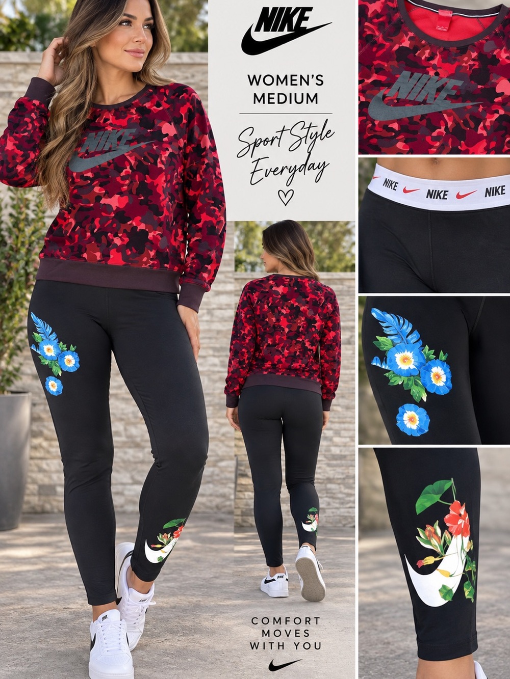 Nike Women’s Black Floral Logo Leggings with crewneck outfit